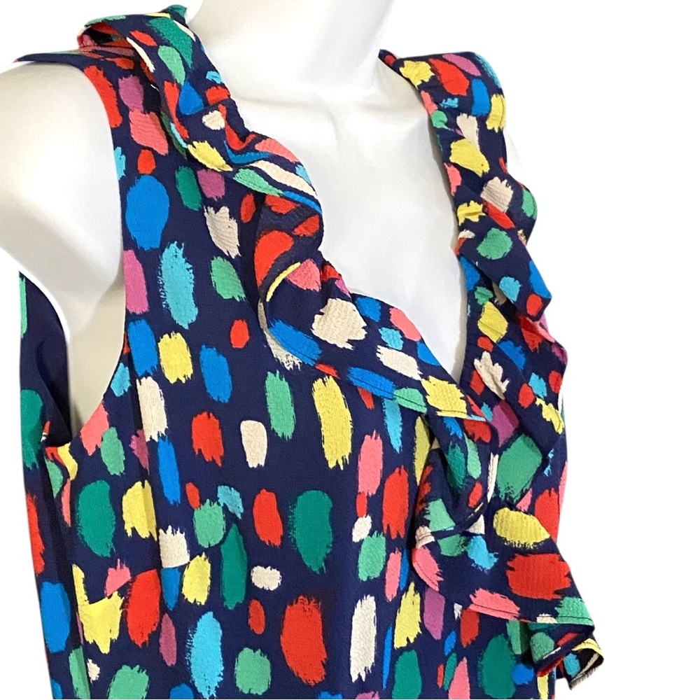 Maggy London Colorful Print Midi Dress 6 Ruched Ruffle V Neck Artsy Cocktail - Picture 7 of 15